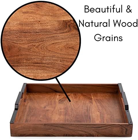 Acacia Wood Serving Tray with Handles - 16 Inch Square Large Serving