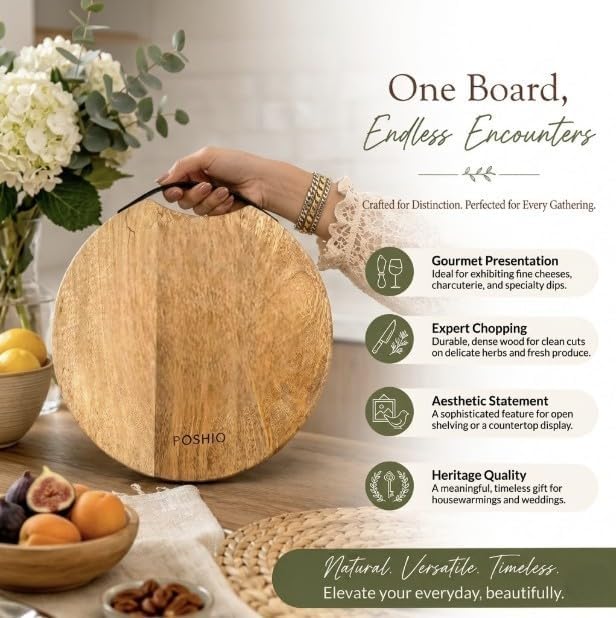 POSHIO Wooden Serving Platter Tray 14 Inch Round with Metal Handle