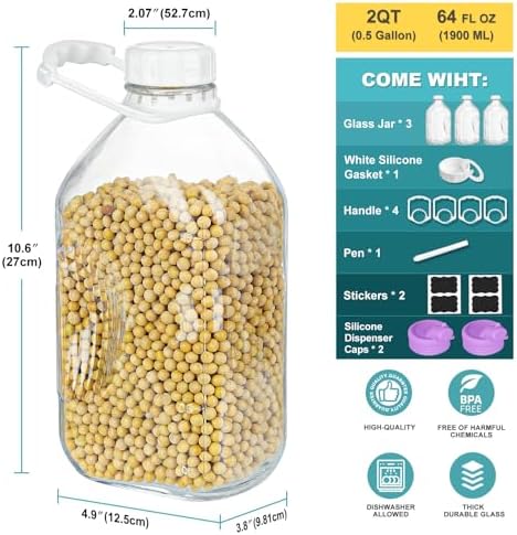 Ritayedet 64 Oz Glass Milk Jugs With Screw Lids, 3 Pack 2 Qt Glass
