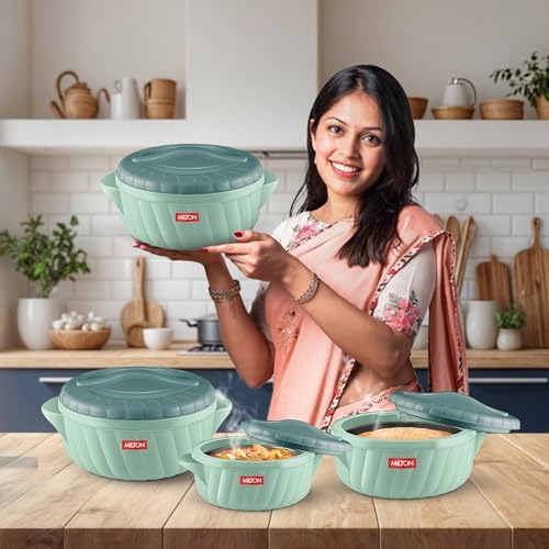Milton Flora Regular Set Insulated Inner Steel Casserole for Roti 3Pc (750ml 1.25L & 2.1L) Hot Box for Kitchen, Hot Pot with Lid Chapati Box, Roti Casserole, Serving Boxes, Hotcase, Light Green