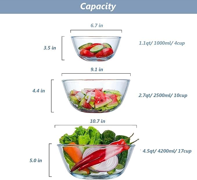Glass Mixing Bowls with Lids Set,3-Piece Nesting