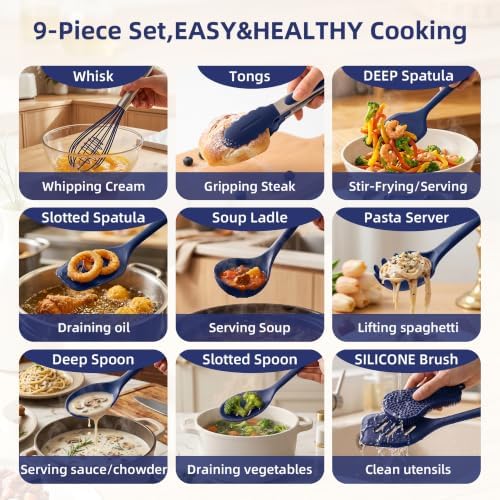 Kitchen Utensils Set, 9 PCS Silicone Cooking Utensils, Navy Blue