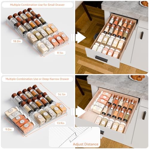 Yieach 4 Pack Adjustable Narrow Spice Rack for Drawer - Expandable