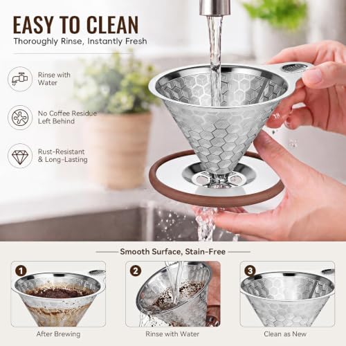 Pour Over Coffee Dripper, Triple-Layer Stainless Steel 800-Mesh Filter
