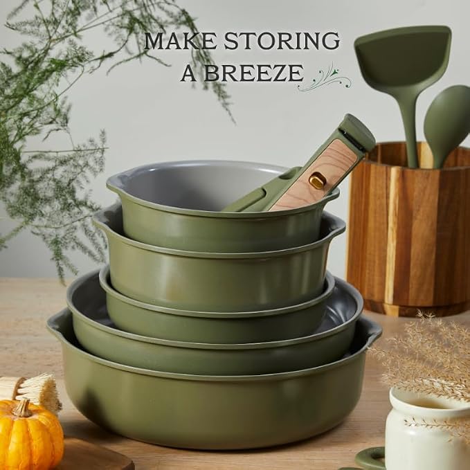 CAROTE 18 Pcs Ceramic Cookware Set Detachable Handle, Non Toxic Pots and Pans - Image 4