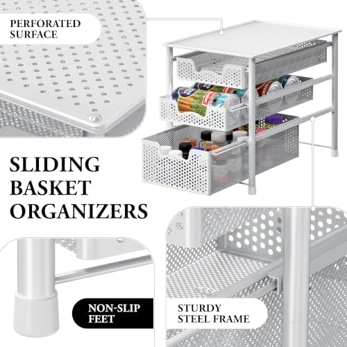 Simple Houseware 3 Tier White Alloy Steel Sliding Basket Organizer