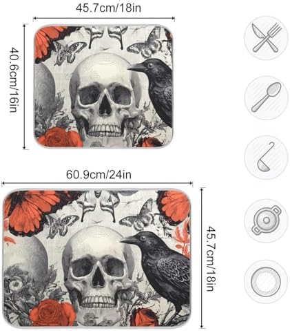 OTVEE Dark Art Of Skull Dish Drying Mat for Kitchen Counter Absorbent