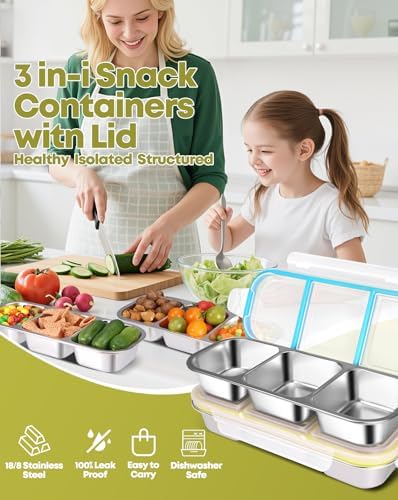 2 Pack Stainless Steel Snack Containers, 3-Compartment Bento Boxes for