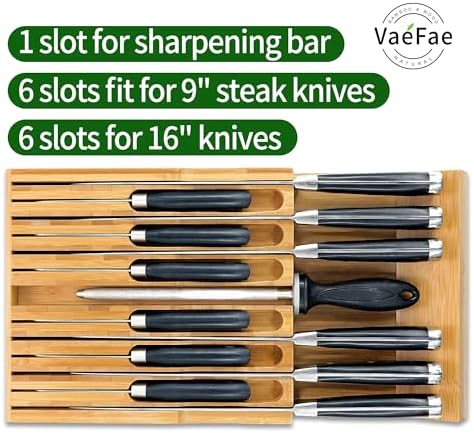 VaeFae Bamboo Knife Drawer Organizer for 12 Knives