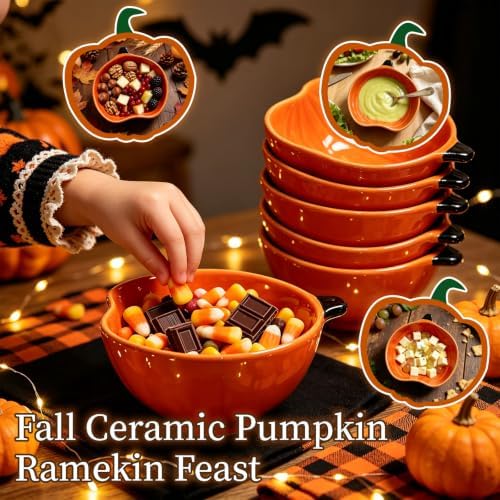 Orange Pumpkin Bowls,Set of 6, 6 oz Pumpkin Shaped Bowl Ceramic