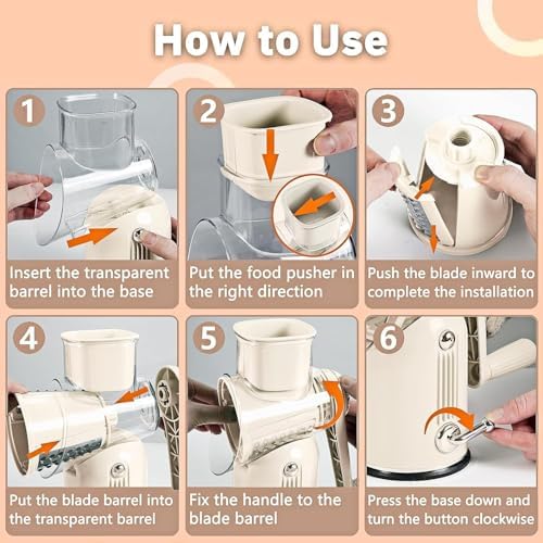 Rotary Cheese Grater with Handle, 5 Interchangeable Blades, White