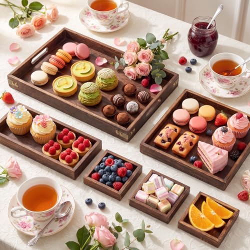 Wood Serving Tray with Handle, Set of 7 Nesting Rectangular Trays for