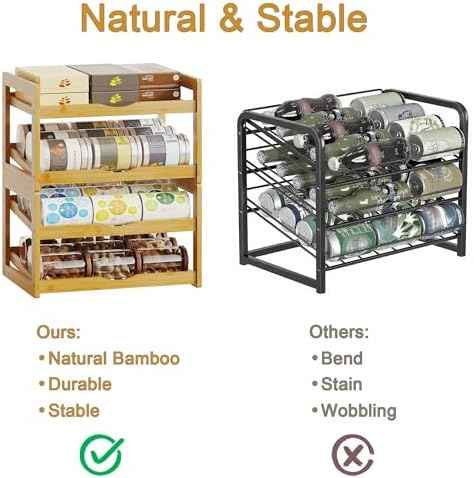 BAMBANG Can Organizer for Pantry, 4 Tier Stackable Bamboo Canned Food Storage Rack, Rolling Soda Can Dispenser Holds Up to 48 Cans, Detachable Can Organizer for Cabinet, Natural