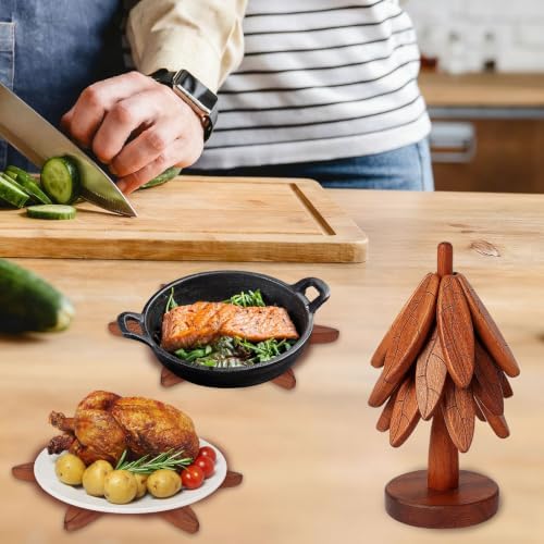 Wooden Trivet Set with Stand, 5 Pcs Tree Leaf Anti‐Slip Pattern Hot