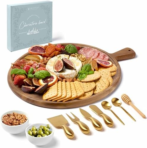 Charcuterie Board Set - Round Acacia Cheese Board for Serving with Accessories - House Warming Gifts for New Home, Bridal Shower & Wedding Gift, Birthday Gifts for Women