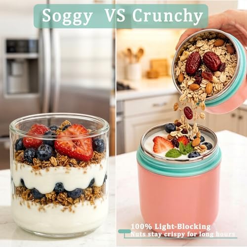 Dual-Compartment Insulated Food Jar with Topping Tray, 24oz Stainless