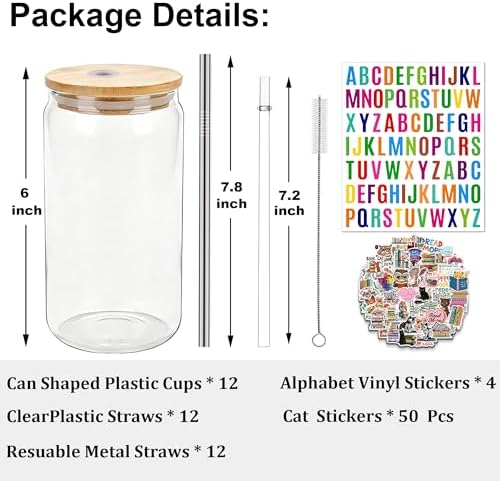 16oz Plastic Cups with Lids and Straws & DIY Sticker Reusable, 12 Pack