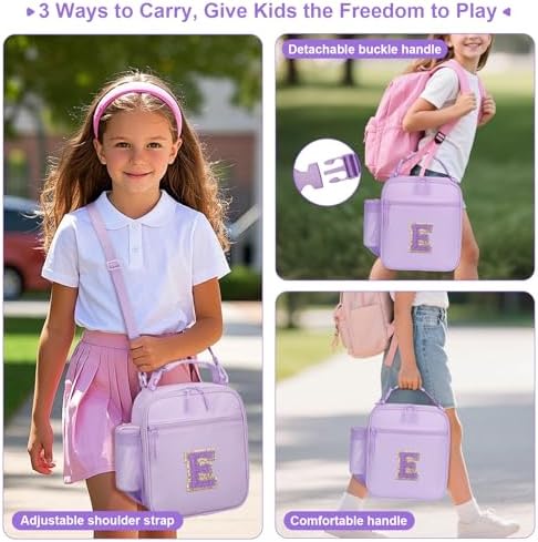 Initial Insulated Lunch Bag for Girls, Purple