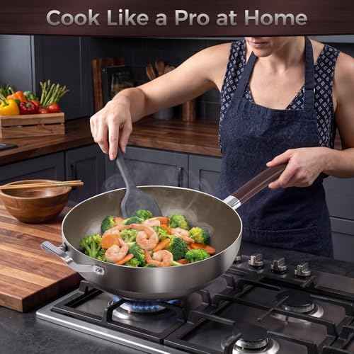 Titanium Wok Pan, 14 Inch Wok with Lid, Non Stick Stainless Steel Woks & Stir-fry pans, PFOA/PFAS/PTFE Free, Dishwasher Safe, Home Use For All Stoves,14Inch