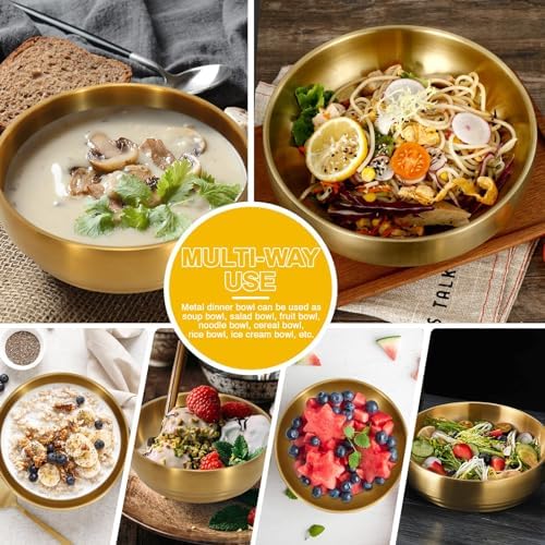 2Pcs 7.3In Gold Large Stainless Steel Soup Bowls - 35OZ Double Walled