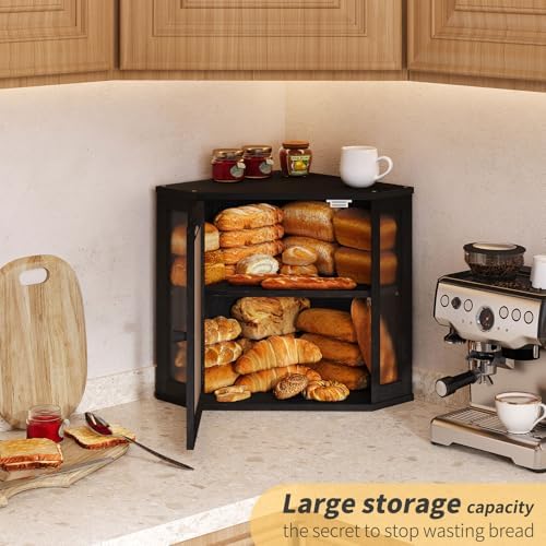 Corner Bread Box for Kitchen Countertop,Bread Storage for Homemade Bread, Double Layer Large Bamboo Kitchen Storage Bin with Window (Black, Medium)