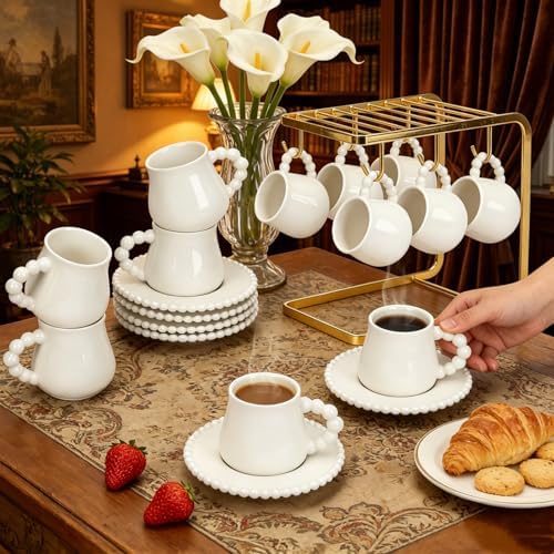 Coffee Cup Set of 6 with Saucers, 3.5 OZ Small Ceramic Espresso Cups