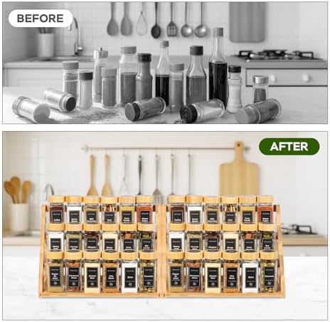 3 Tier Bamboo Spice Rack Organizer with 18 Empty 4 oz Glass Spice Jars