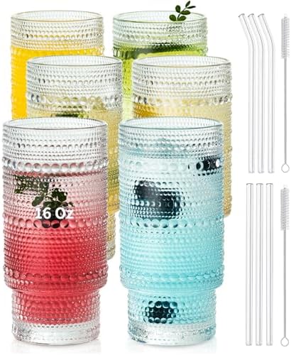 KEMORELA Vintage drinking glasses set of 6, Large 16oz Hobnail