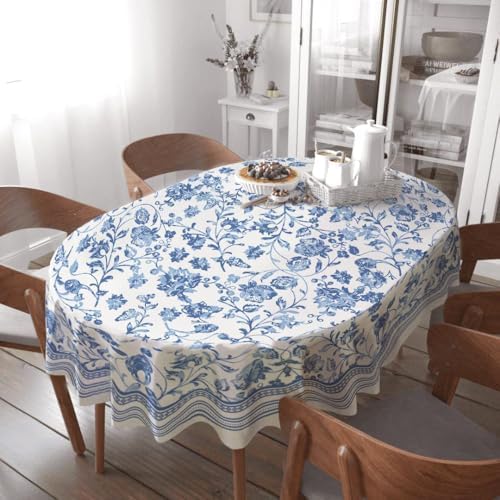 Oval Tablecloth - 60 x 84 Inch Blue Floral Rustic Tablecloth Classic
