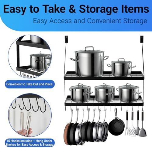 Miyili 30-Inch Kitchen Pot Rack with 15 Hooks, Wall Mounted Hanging Rack for Storage Organizer, 2-Tier Pots Hangers Shelf (Matte Black)
