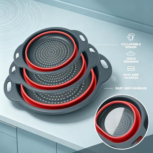 Red Collapsible Colander Set 3 Pack Silicone Strainers