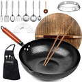14 Piece Carbon Steel Wok Pan, Woks & Stir-Fry Pans Set with Wooden