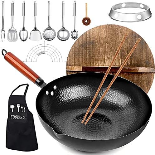 14 Piece Carbon Steel Wok Pan, Woks & Stir-Fry Pans Set with Wooden