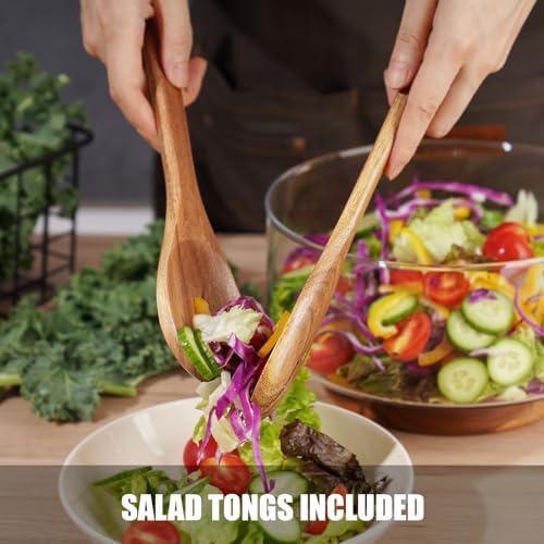NiHome Glass Salad Bowl with Acacia Wood Salad Tongs, Large Capacity