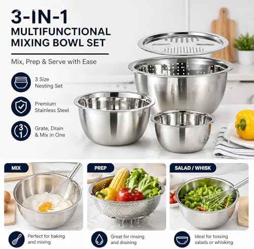 3 in 1 Stainless Steel Mixing Bowls Set - Multifunctional Colander with Grater & Vegetable Slicer, Stackable Kitchen Strainer Drain Basket for Rinsing, Washing, Mixing & Food Prep, Food Grade, 3Pcs