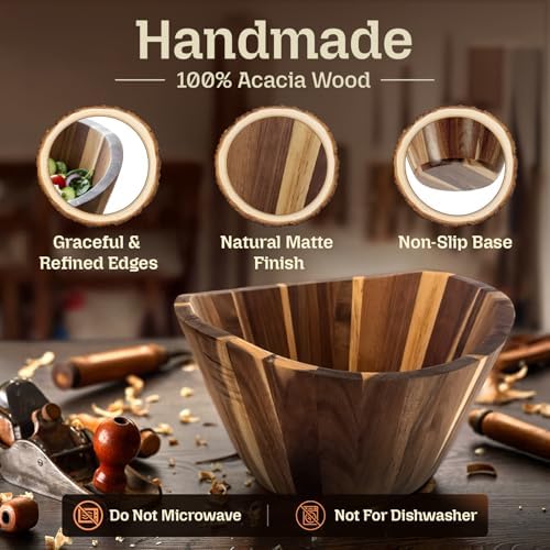 Acacia Wood Salad Bowl Set with Serving Hands, 10” Diameter, 6” Height