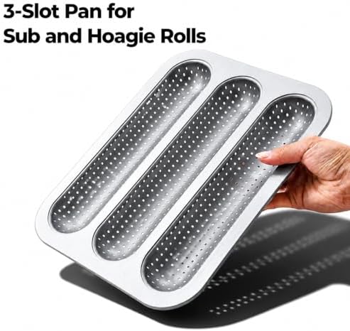 12 in Hoagie Roll Baking Pan, 3-Slot Perforated Carbon Steel Tray