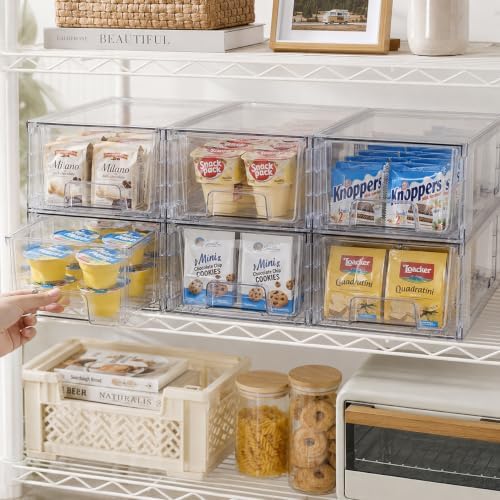4 Pack Stackable Storage Drawers with Handles, Easy Assembly Clear Acrylic Fridge Organizer, Refrigerator Organizers and Storage for Kitchen, Under Sink, Pantry, Bathroom