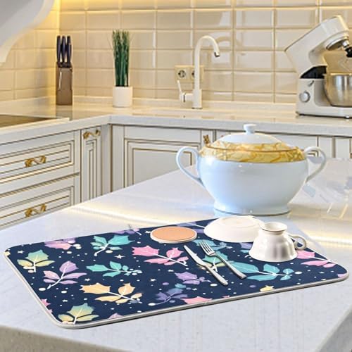 OTVEE Festive Holly Star Art Dish Drying Mat for Kitchen Counter