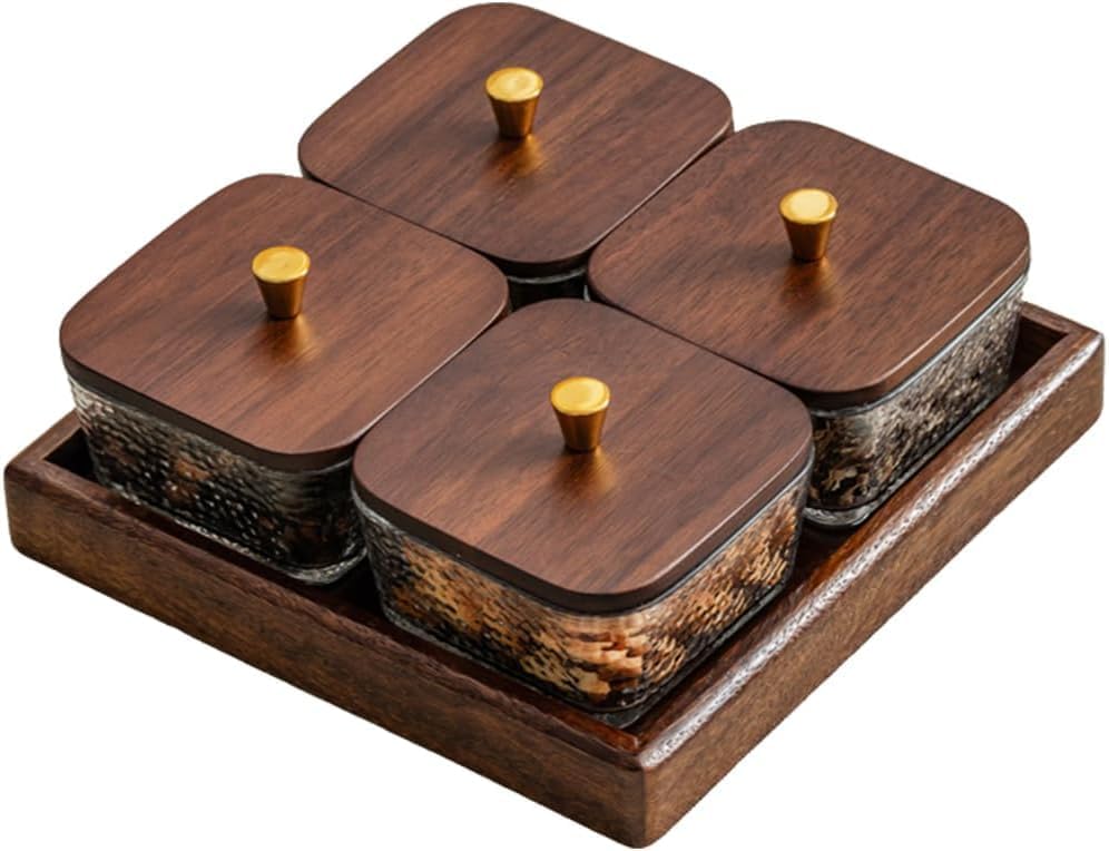 3 Jars Square Glass Snack Box with Walnut Wooden Lids & Tray, Divided