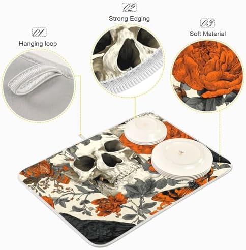 OTVEE Dark Art with Skulls Dish Drying Mat for Kitchen Counter