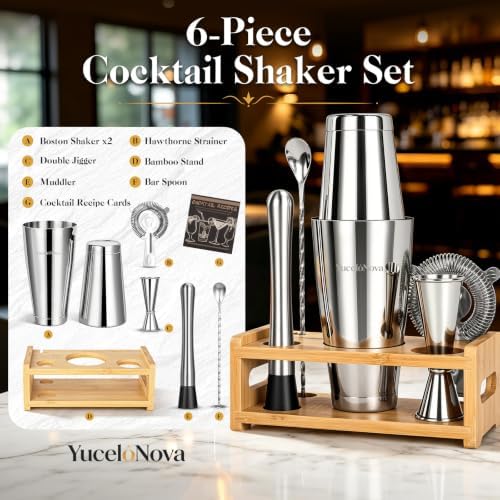 Boston Cocktail Shaker Kit with Bamboo Stand, Home Bar Party Gift