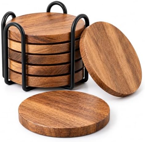 Acacia Wood Plain Round Coasters Set of 6 with Holder – Absorbent