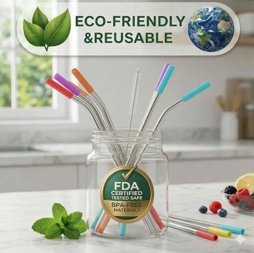 StrawExpert Set of 16 Reusable Stainless Steel Straws with Travel Case