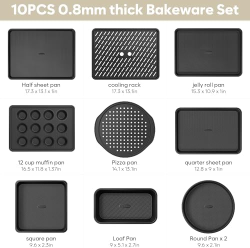 10-Piece Nonstick Bakeware Set, 0.8MM Thick Carbon Steel Baking Pan Set for Oven with Cookie Sheet, Muffin Pan, Pizza Pan, Loaf Pan and Cooling Rack, Stackable Kitchen Baking Set, PFOA/PTFE Free