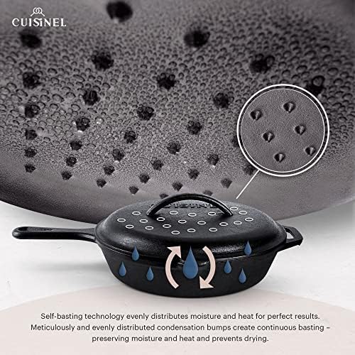 Cuisinel 12" + 10" + 8"-Inch Cast Iron Skillets Set with Braiser Lids + Silicone Handle Grips + Pan Scraper - Indoor/Outdoor Pre-Seasoned Kitchen Cookware - Oven, Fire, Stove Safe