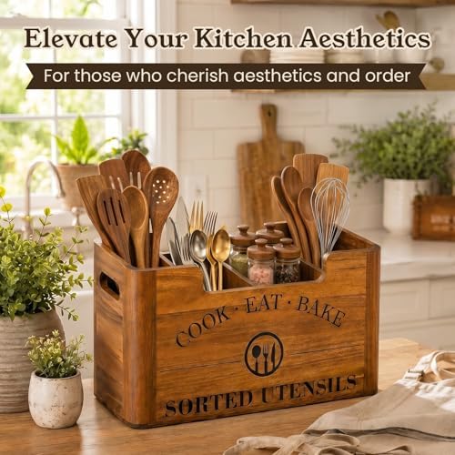 Upgraded Large 4-Compartment Acacia Wood Kitchen Utensil Holder