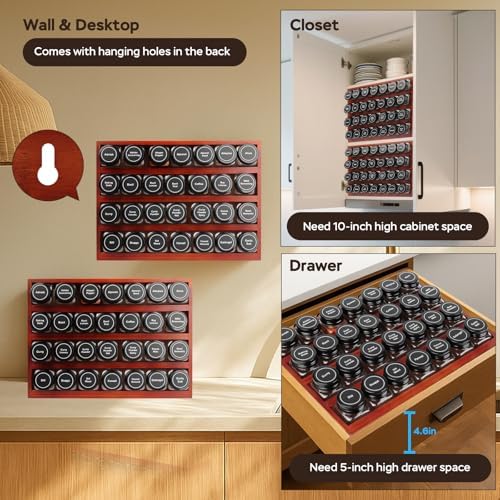 Bamboo Spice Rack Organizer with 28 Glass Spice Jars 4 oz Set Cherry