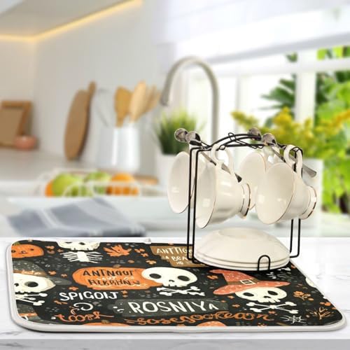 OTVEE Skeleton with Pumpkins Dish Drying Mat for Kitchen Counter