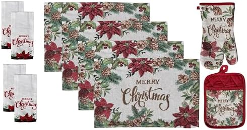 Red Poinsettia Flower 10 Pcs Tapestry Kitchen Set with Merry Christmas